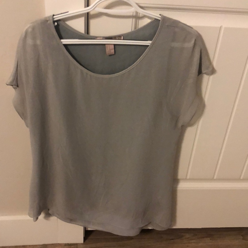 Shimmery gray top with sheer sleeves